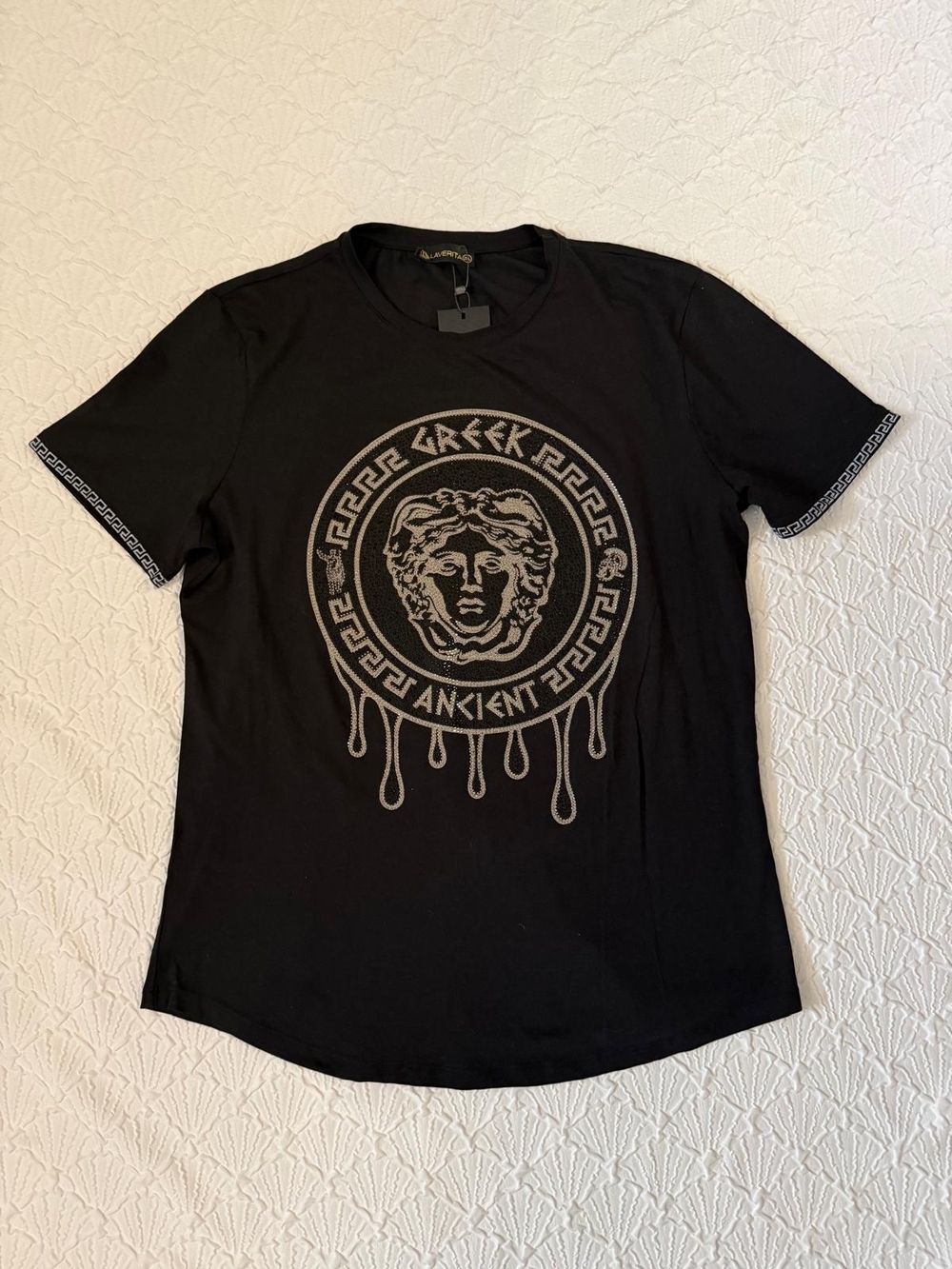 Black Graphic Tee with Medusa Emblem